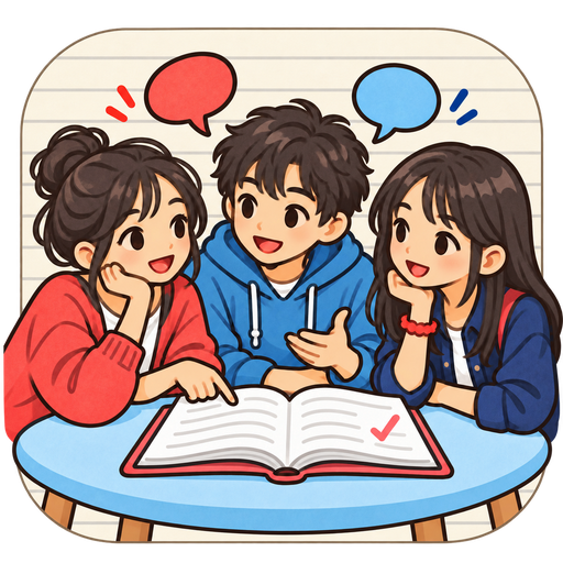 groupwork のアイコン：本を囲んで話し合う3人の学生